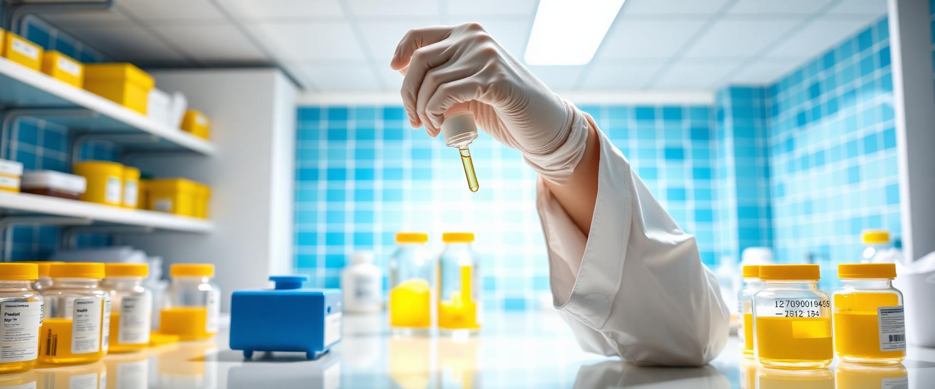 Farmacêutica preparando fórmula manipulada em laboratório com luz dourada